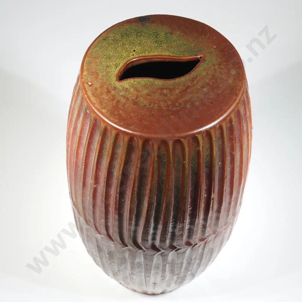 Japanese Ribbed Brown Glazed Pedestal w a Leaf Shaped Opening at the Top Image 1++