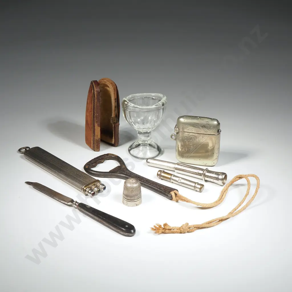 Bottle Opener, Thimble, Glass Eye Bath, Pocket Pen Holder, Vesta & Nail File Image 1++