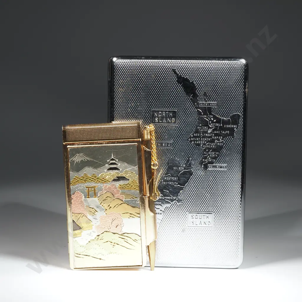 Chrome Cigarette Case Souvenir Of NZ &  Small  Japanese Notebook & Pencil w Mount Fuji Design   Image 1++