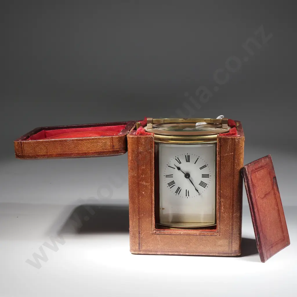 French Brass Oval Carriage Clock w Enamel Dial & Bowed Bevelled Glass. In Original Leather Carrying Case  Image 1++