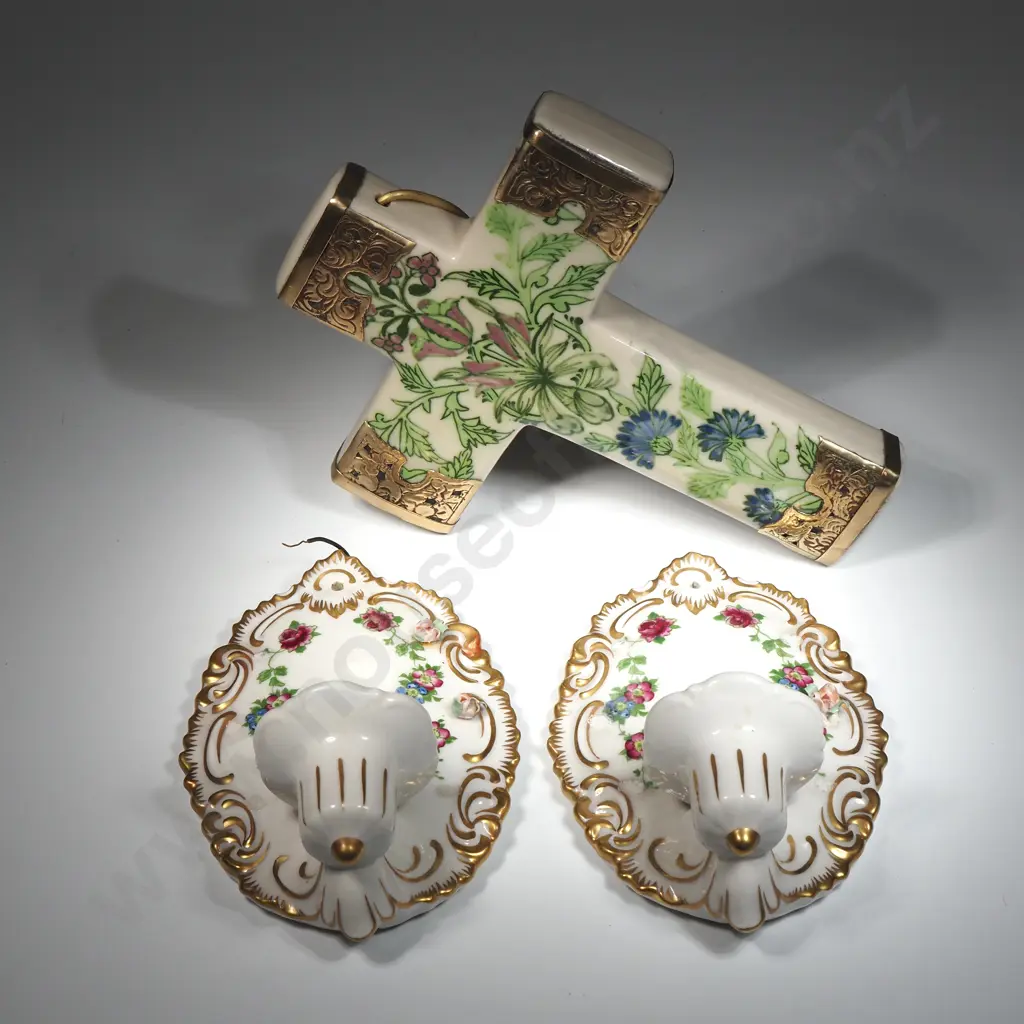 Pair Of China Wall Hung  Side Lamps & A China Cross W Metal Mounts Image 1++