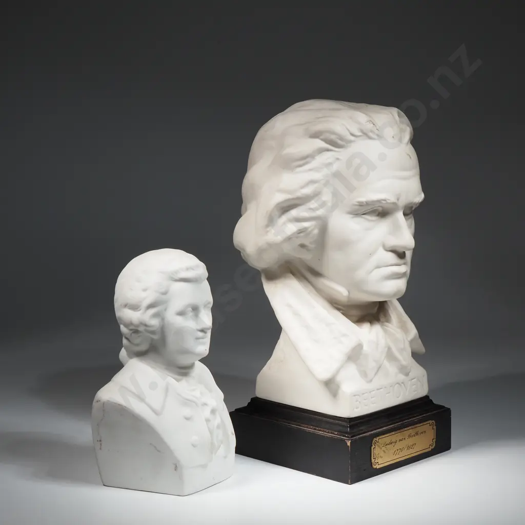 Resin Bust Depicting Beethoven On A Square Wooden Stand & A Bust Of Mozart Image 1++