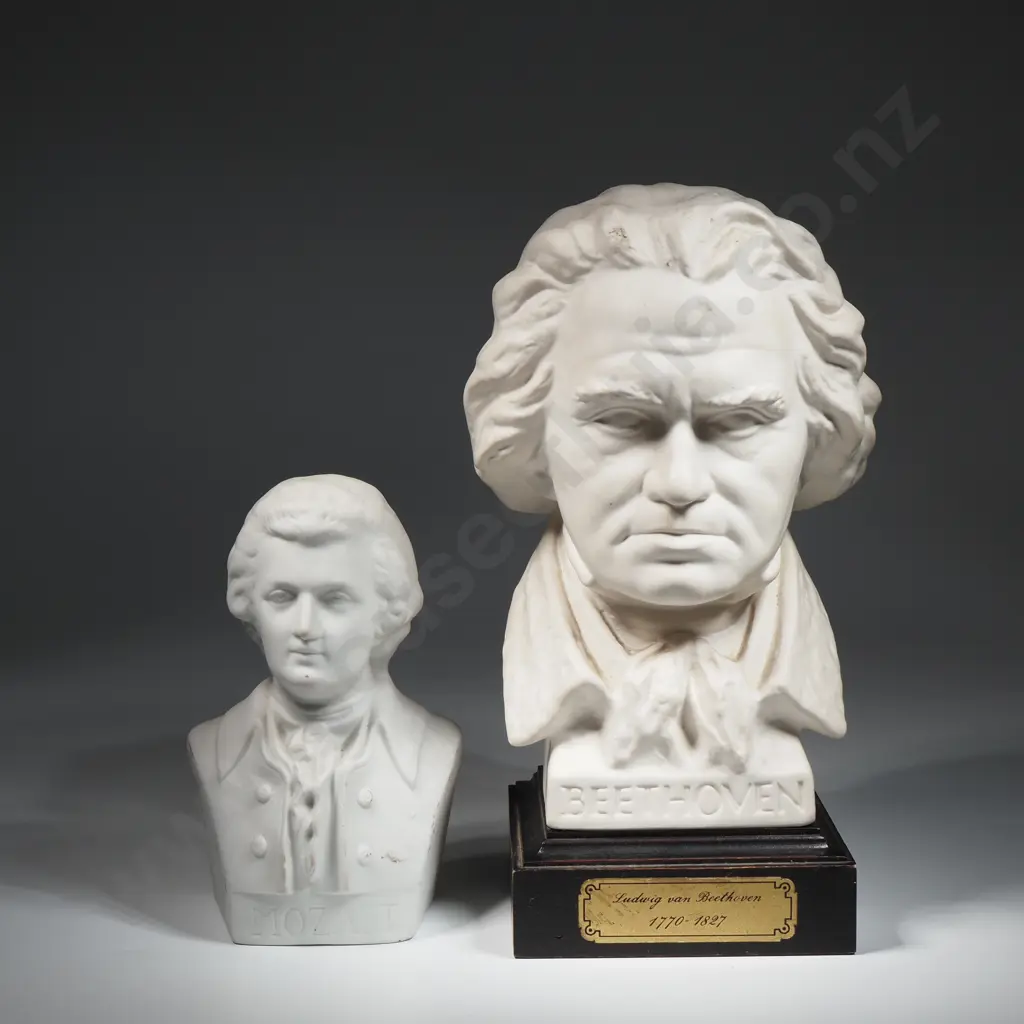 Resin Bust Depicting Beethoven On A Square Wooden Stand & A Bust Of Mozart Image 1++