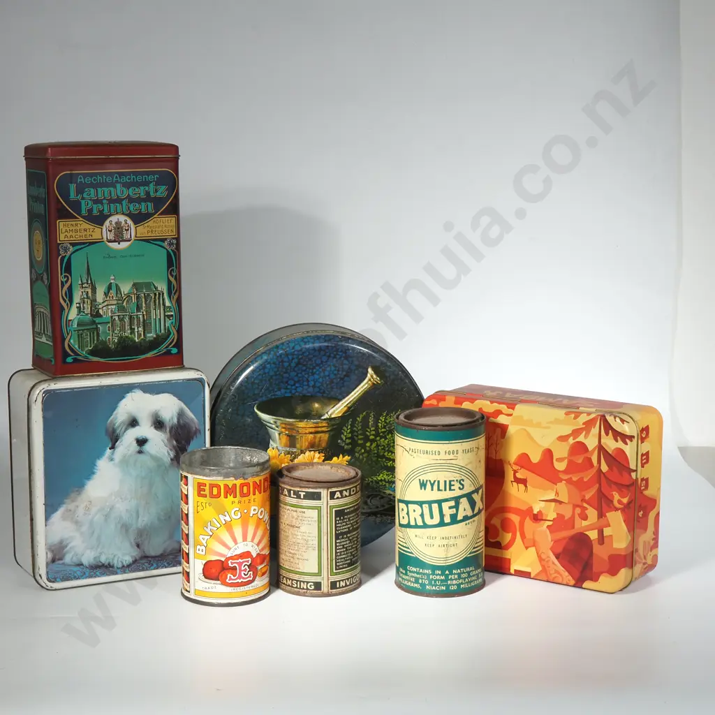 Seven Vintage Tin Including  Andrews Liver Salt Advertising Tin, Wylies Brufax  & Edmonds Baking Powder Image 1++