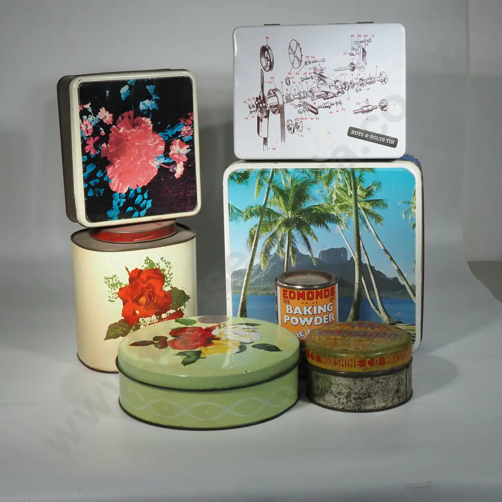 Six Vintage Tins Including & Round Vintage Tin With A Switch "Irony " Swatch Watch, A Queen Victoria Gold Victoria Medal Image 1++