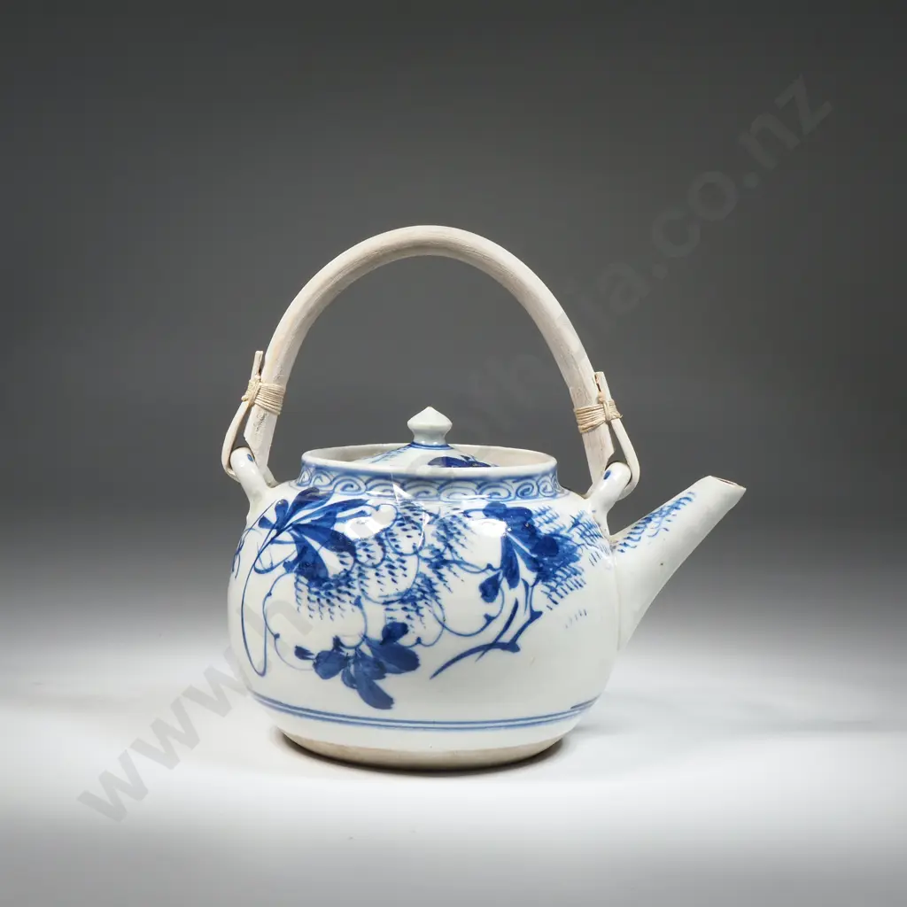 Antique Chinese Blue & White Teapot With Bamboo Handle Image 1++