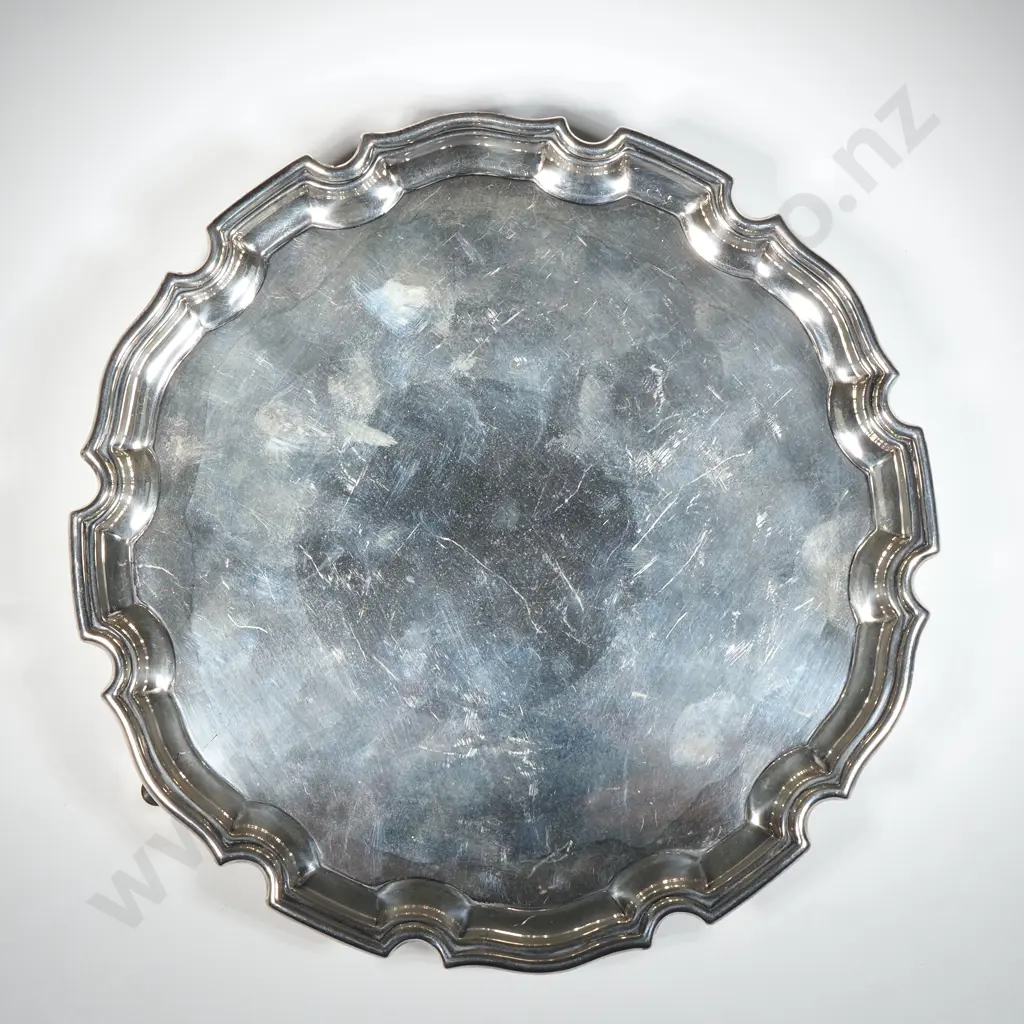 Sterling Silver Salver w Piecrust Edge On Three Scroll Feet  Image 1++