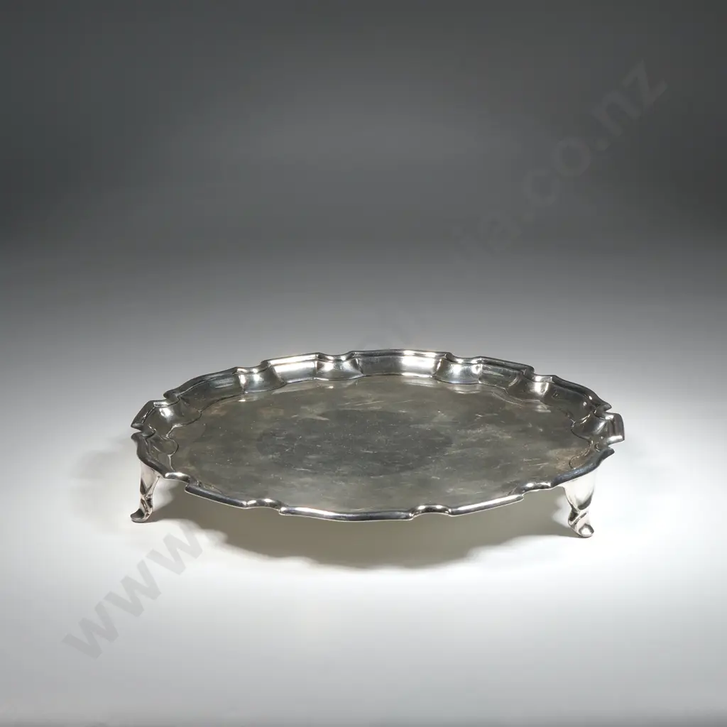 Sterling Silver Salver w Piecrust Edge On Three Scroll Feet  Image 1++