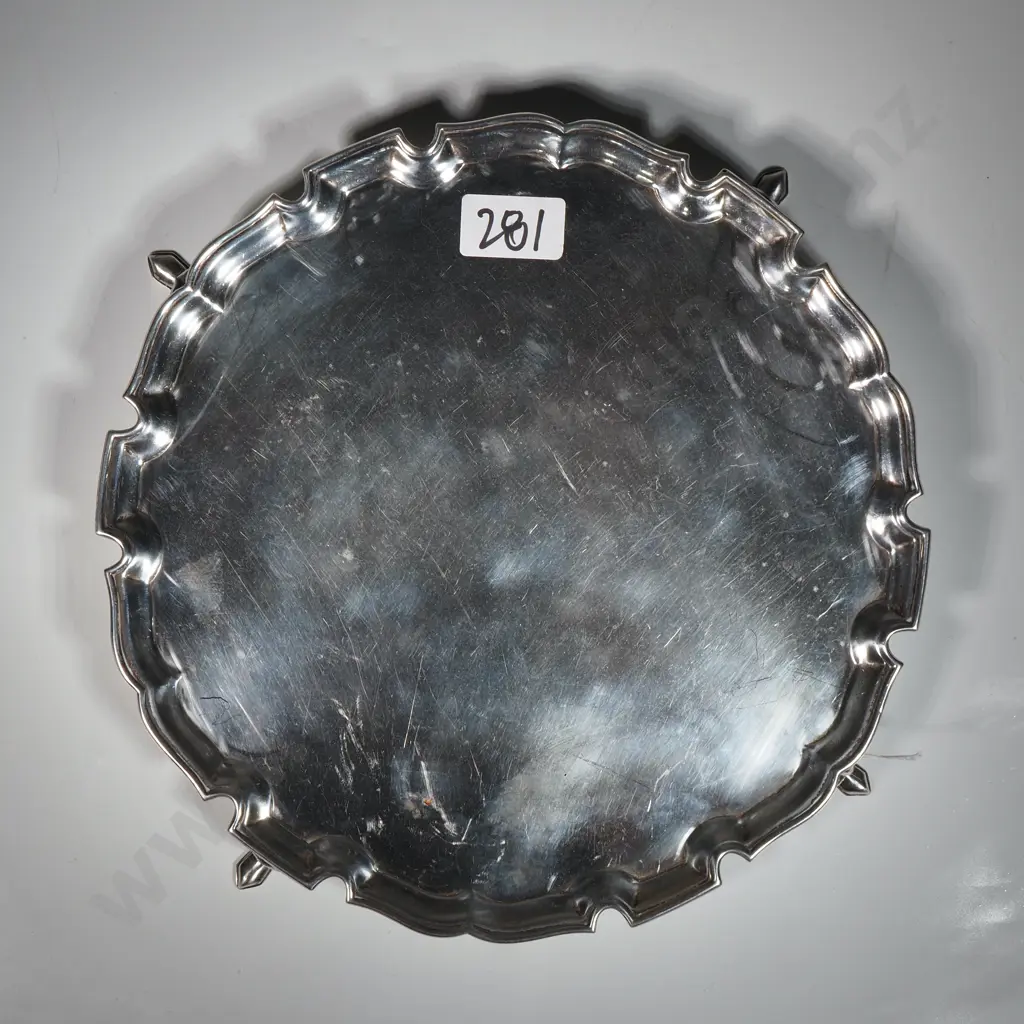 Sterling Silver Salver w Piecrust Edge On Three Scroll Feet  Image 1++