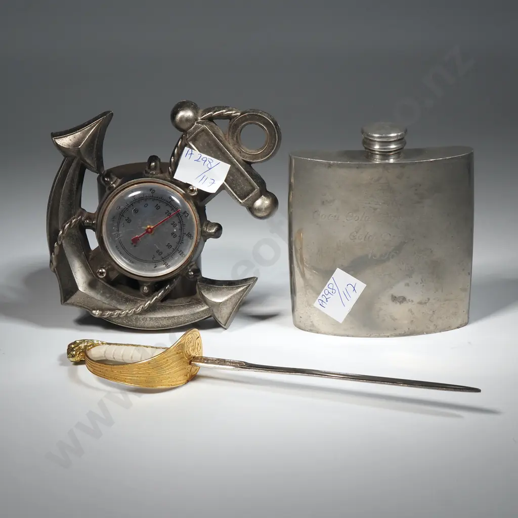 4oz Pewter Hip Flask, Anchor Barometer & Sword Letter Opener. Image 1++