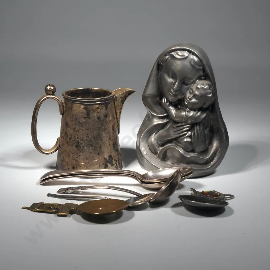 French Pewter Bust Depicting Madonna & Child Marked "Etain D'Art & Small Jug With Plated Spoon & Brass Tea Caddy  Image 1++