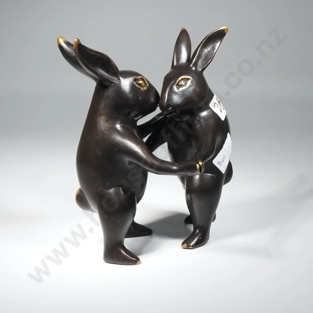 Pair of Bronze Dancing Rabbits with Polished Gold Highlights Image 1++