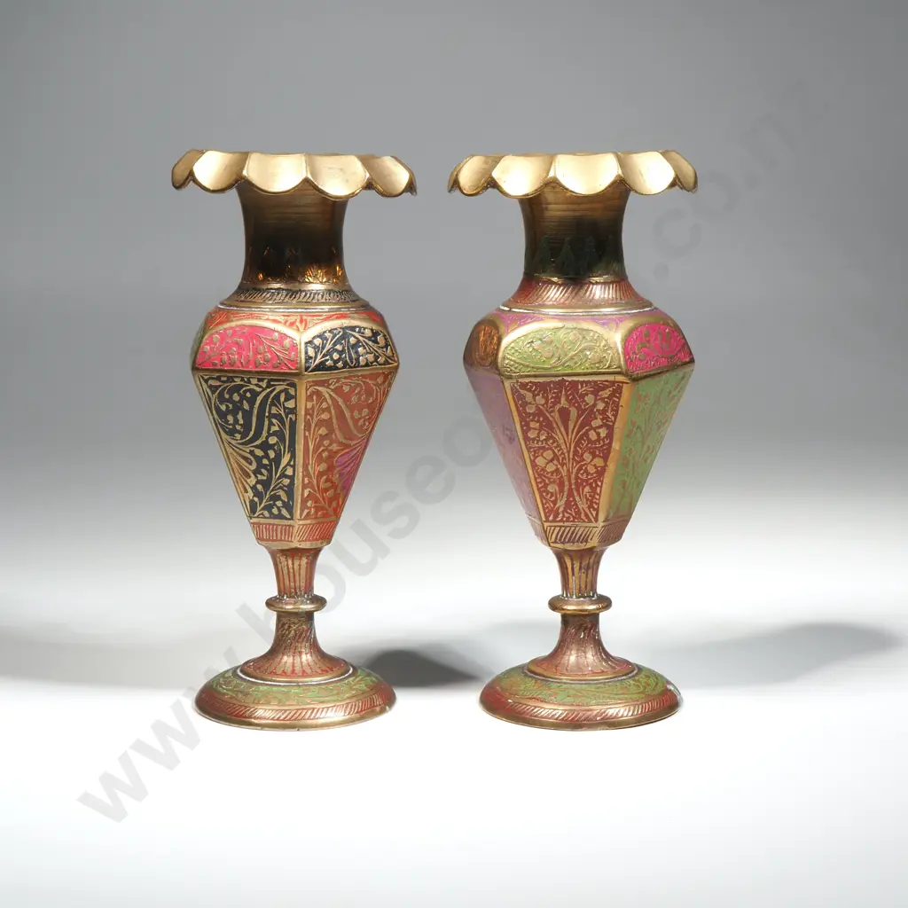 Pair Of Coloured Hexagonal Benares Brass Vases  Image 1++