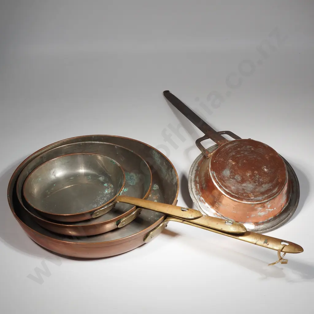 Set Of Three Graduated Copper Pans w Brass Handles & Another w An Iron Handle Image 1++