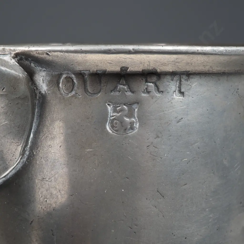 Quart Pewter Tavern Jug with Spout, Turned Rim & "Strap" Style Handle & Thumb Piece. Hand Inscribed In A Shield Shape Image 1++