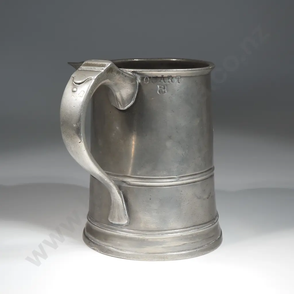 Quart Pewter Tavern Jug with Spout, Turned Rim & "Strap" Style Handle & Thumb Piece. Hand Inscribed In A Shield Shape Image 1++