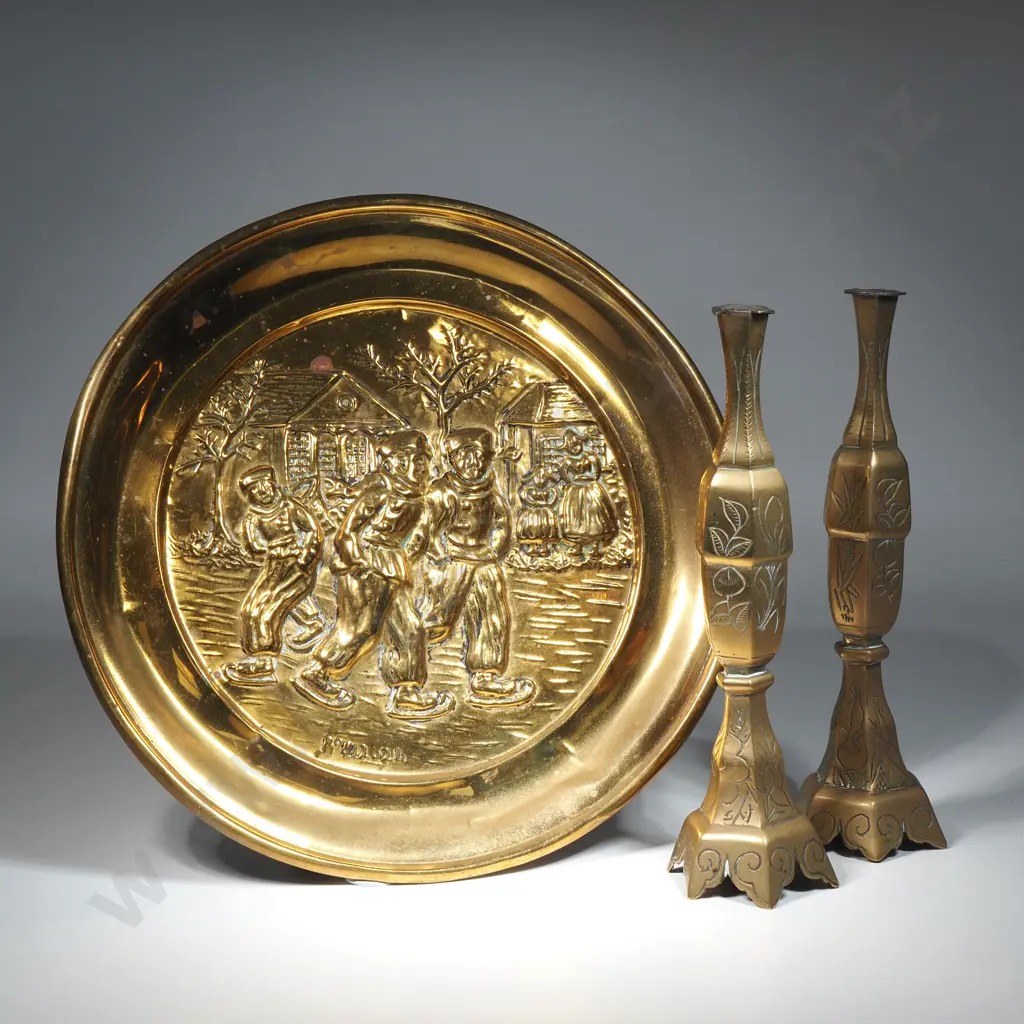 Embossed Brass Plaque & Two Ornamental Brass Pieces Image 1++