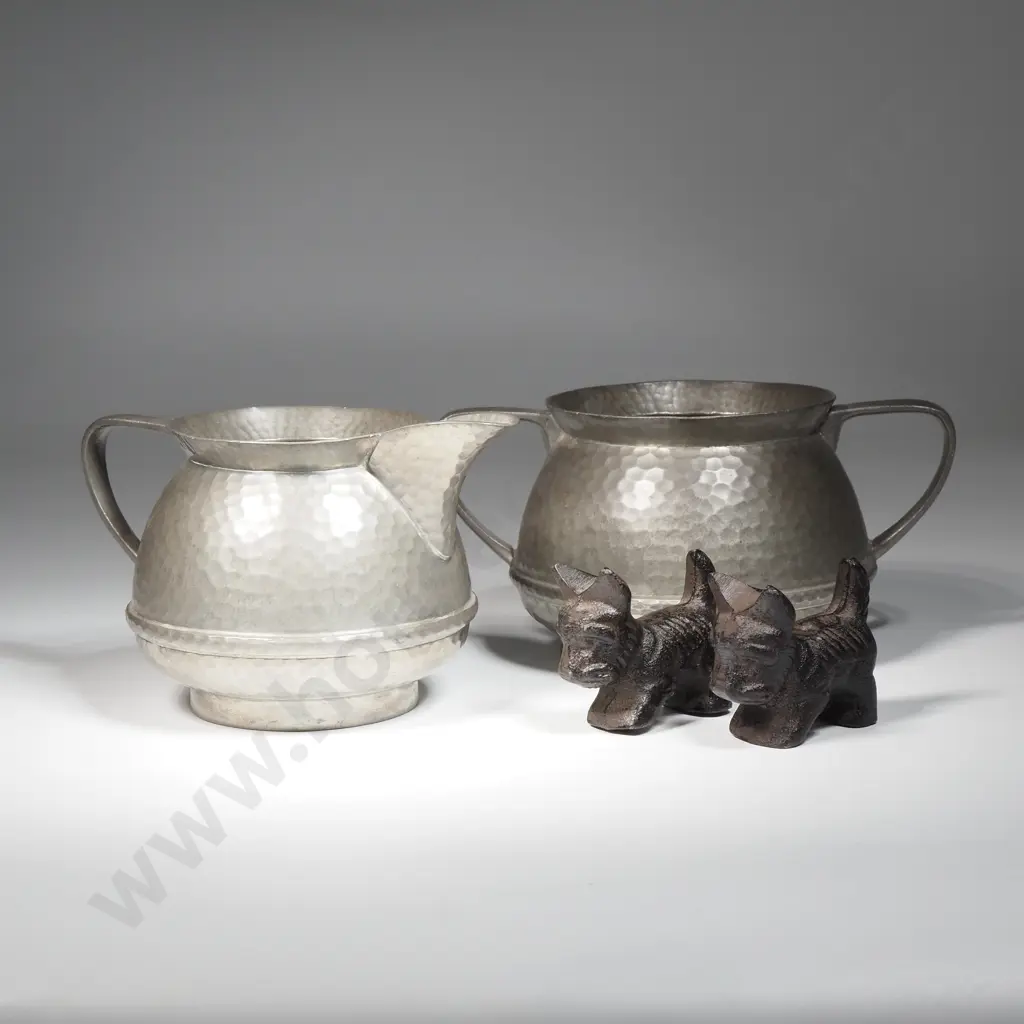 Beaten Pewter Sugar & Creamer & Two Cast Iron Scottie Dogs Image 1++