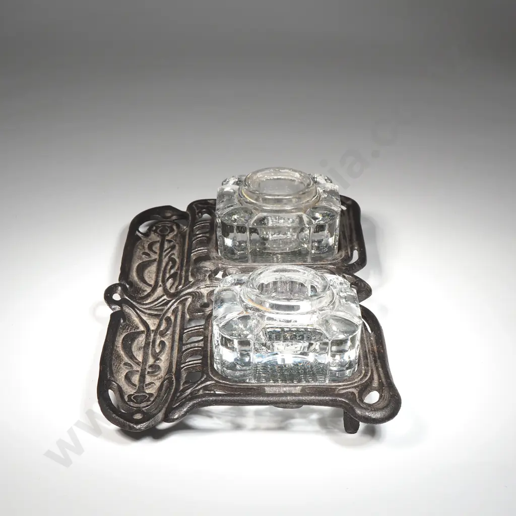 Antique Art Nouveau  Cast Iron Desk Set  w Two Glass Inkwells & Pen Rest Image 1++