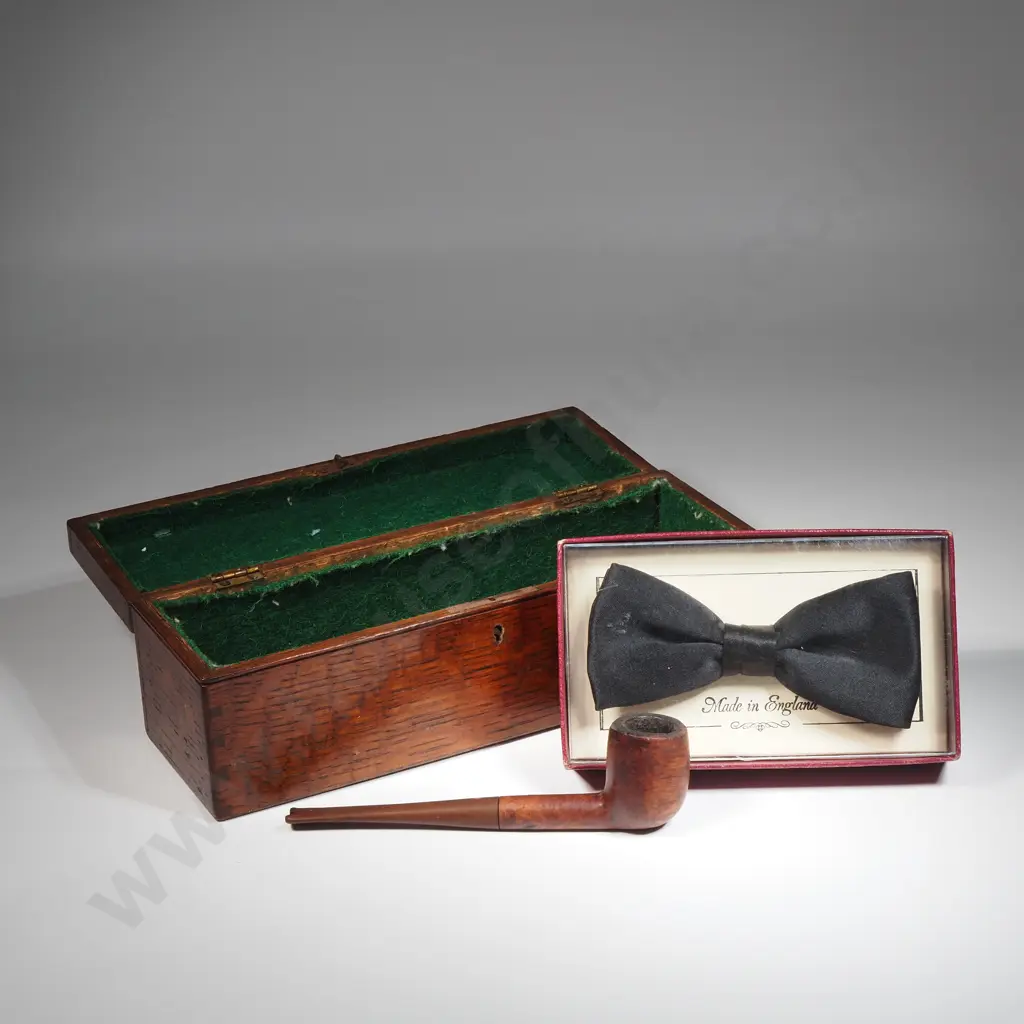 Vintage Oak Long Box Containing A Pipe & A Black Bow Tie Image 1++