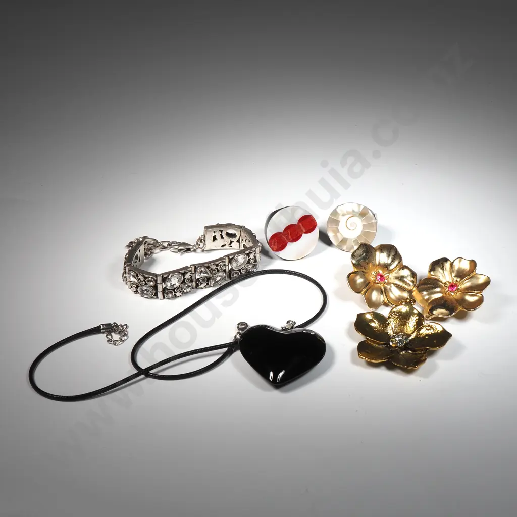 Dyrberg Kern Bracelet,   Choker Necklace w Black Heart & A  Floral Pendant, Pair Of Floral Earrings & Two Rings. Image 1++