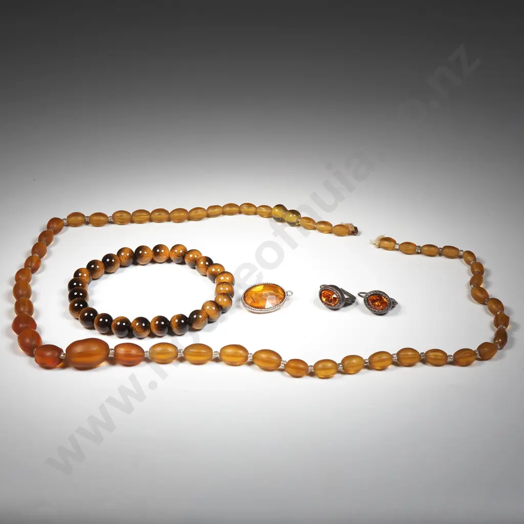 Amber Oval Bead Necklace, Bead Bangle, Pair Of Amber Glass Faceted Earrings & A Small Oval Amber Glass Pendant  Image 1++
