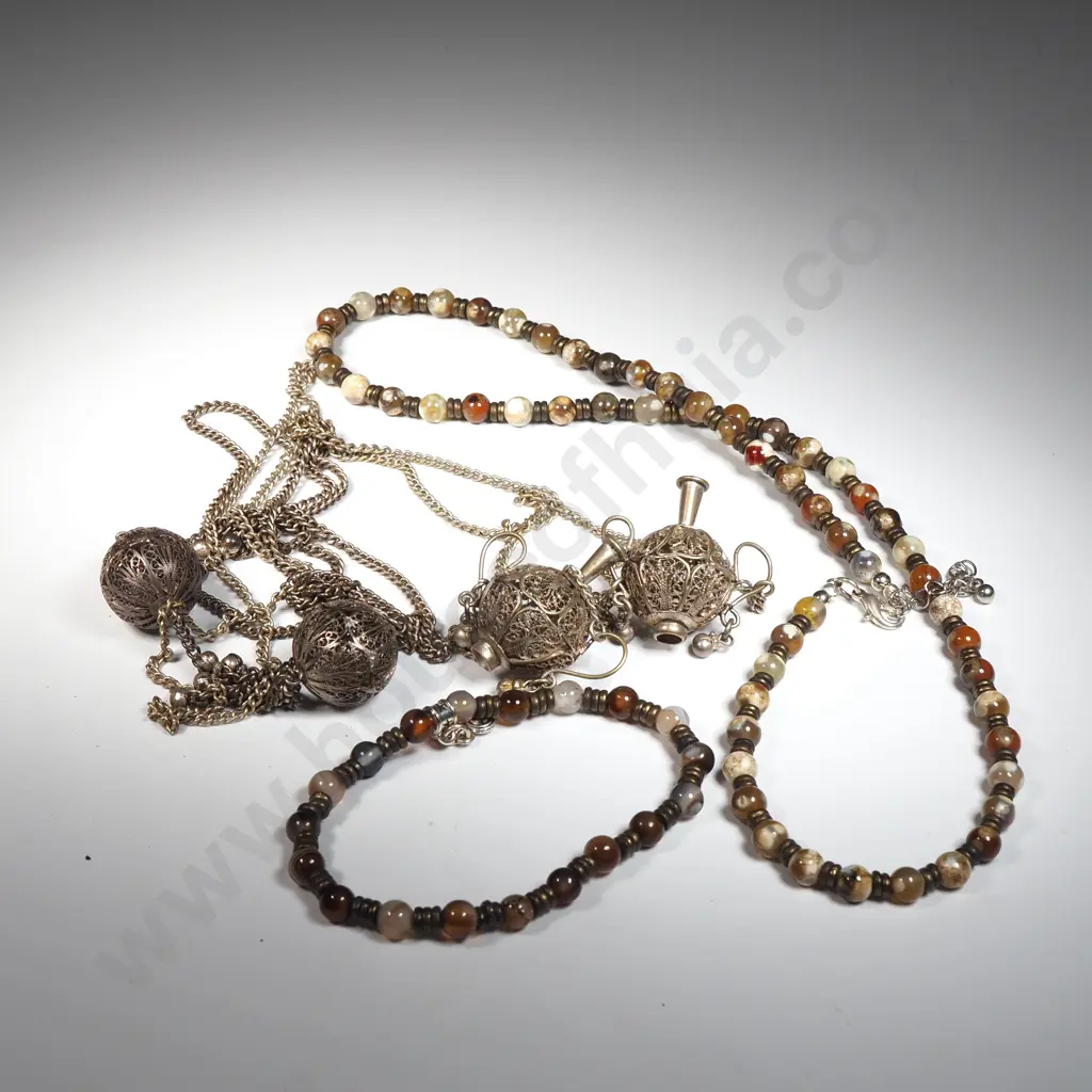 Two Silver Tone Chain Necklaces w Filigree Ball & Filigree Urn Attachments & A Multi Coloured Glass Bead Necklace Image 1++