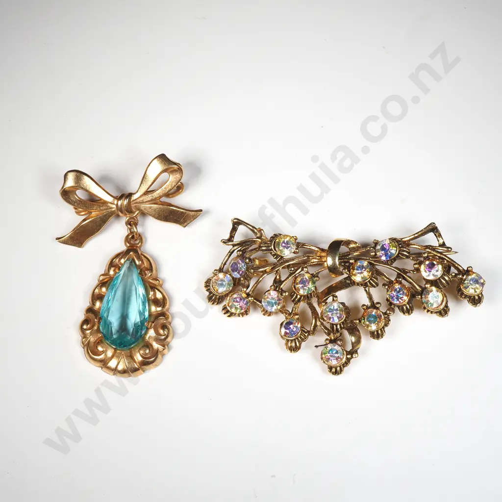 Vintage Gold Tone Bow Brooch w Blue Faceted Drop In An Embossed Frame & A Rhinestone Brooch  Image 1++