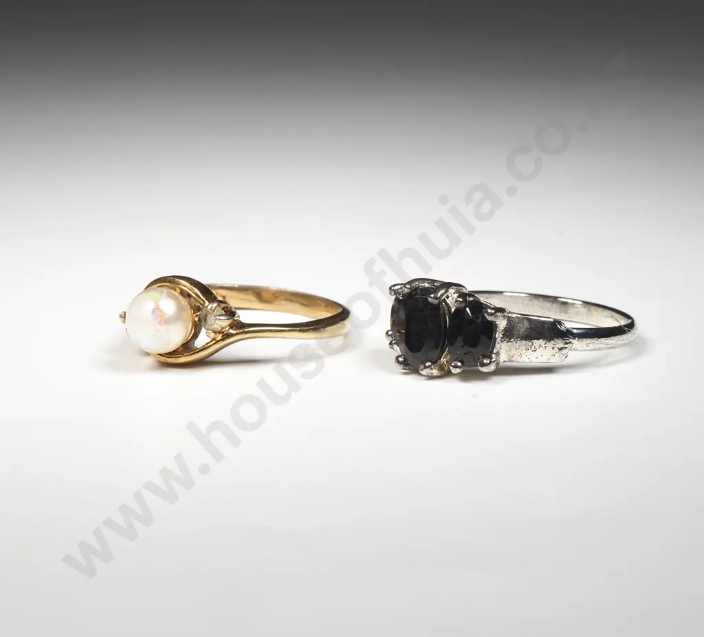 Two Costume Jewellery Rings. One Set w Three Blue Stones & The Other w A Faux Pearl  Image 1++
