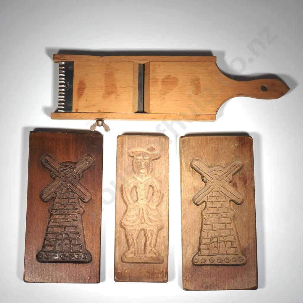 Three Wooden  Antique Cookie Molds &  A Vintage Wooden Mandolin Slicer   Image 1++
