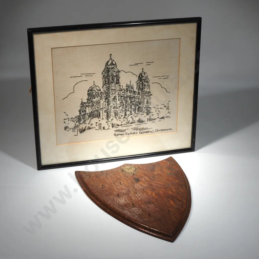 Oak Shield Shape Regent CC Southampton Minus Medals &  Framed Tapestry Of The Roman Catholic Cathedral, Christchurch  Image 1++