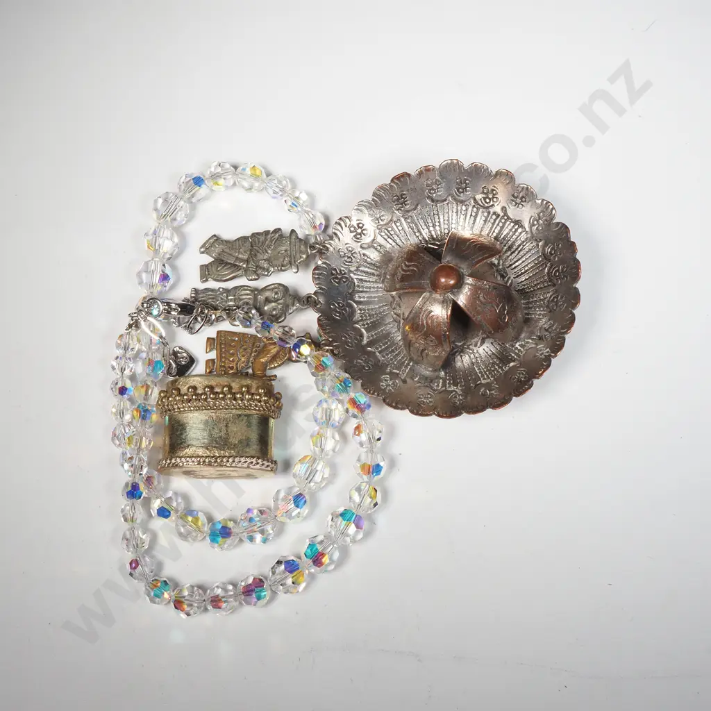 Vintage Crystal Necklace, Small Pill Box w MOP Top & A Mixed Metal Brooch w Figural Charms Attached  Image 1++