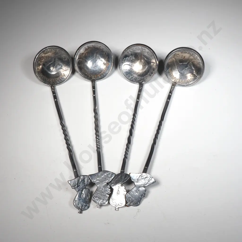 Four Tourist Spoons w Australian Pennies - Silver Plated  Image 1++