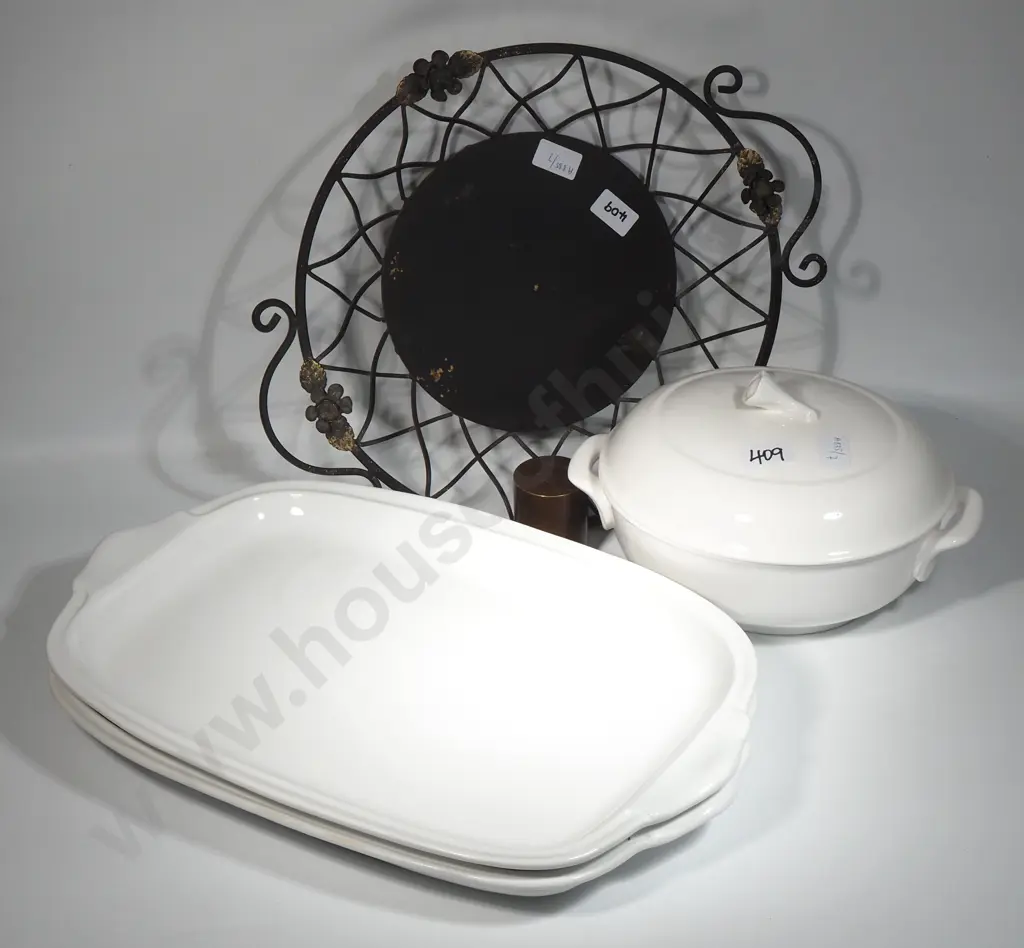 Pair Of Large White Italian Serving Platters, White Lidded Bone China Tureen & A Decorative Metal Fruit Basket.  Image 1++