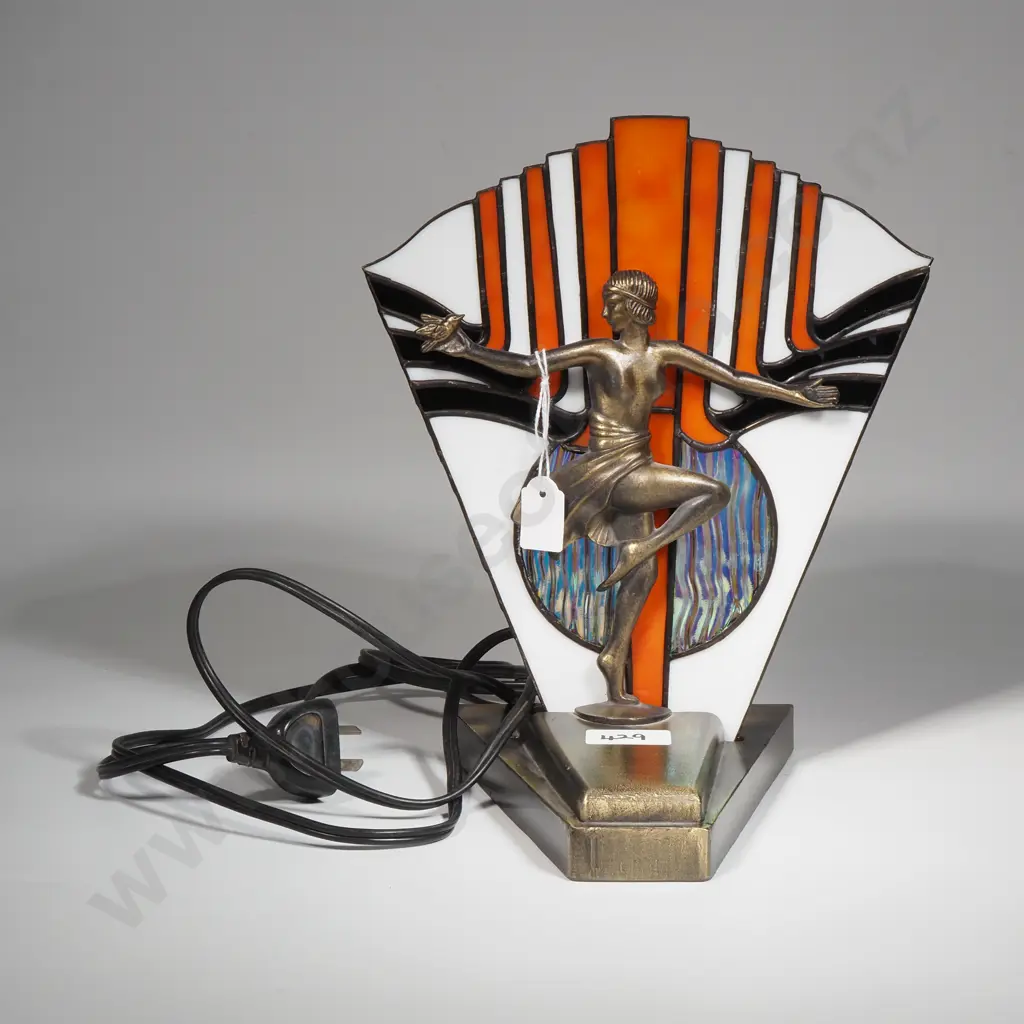 Art Deco Style Brass & Stained Glass Flapper Figurine Lamp In The Tiffany Style Image 1++