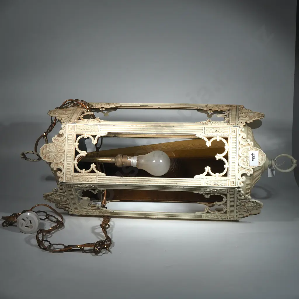 Vintage Hexagonal Large Lantern With Amber Glass Panels. Painted Cream with Decorative  Gothic Arches & Palmettes Image 1++