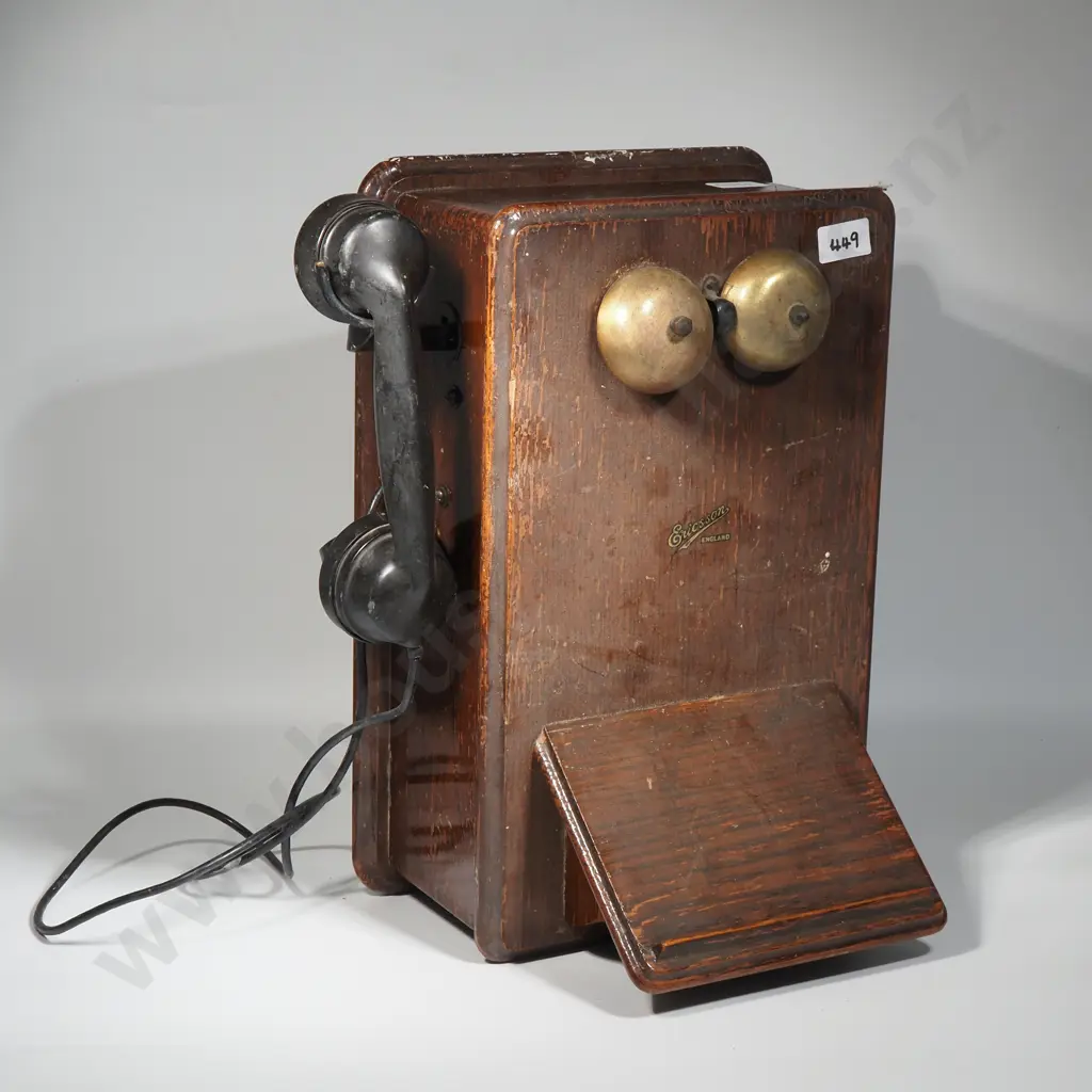 Oak & Brass Wall Telephone "Ericsson" England  Image 1++