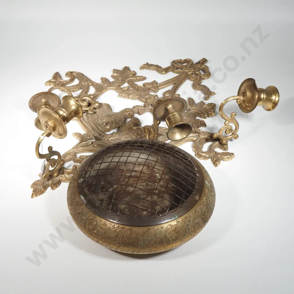 Vintage Brass Five Branch Wall Candelabra (Missing One Branch) & A Brass Rose Bowl w Grill Image 1++