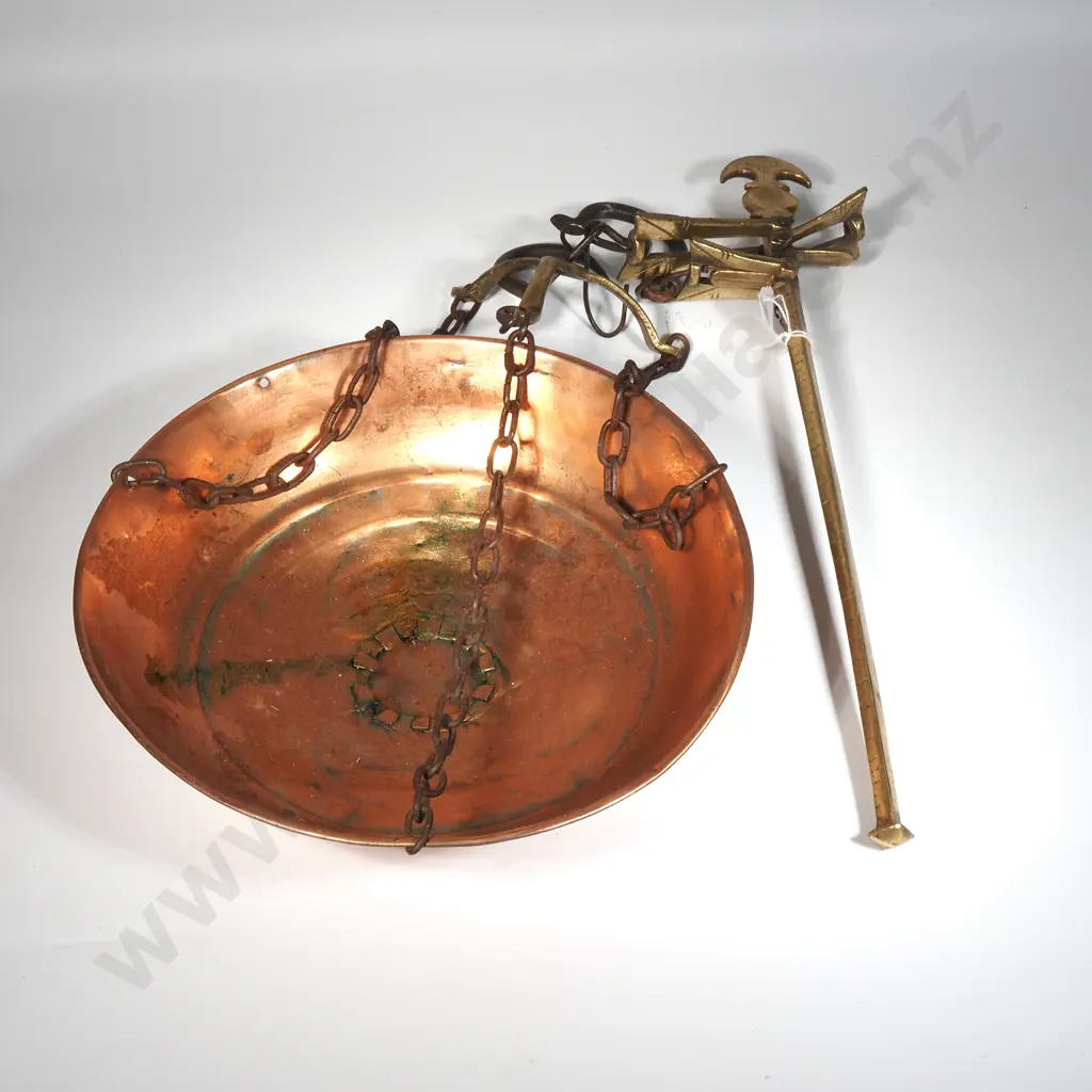 Antique Steelyard Balance Beam Brass-Copper Hanging Scale w Pan  Image 1++