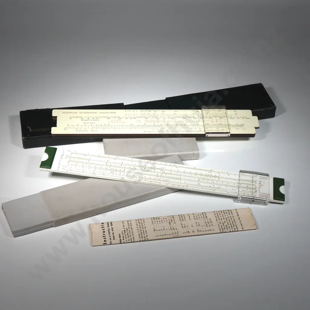 Two Vintage Slide Rules- Including Holophane Illumination Calculator &  A Castel Students Slide Rule Model No 52/82 Image 1++