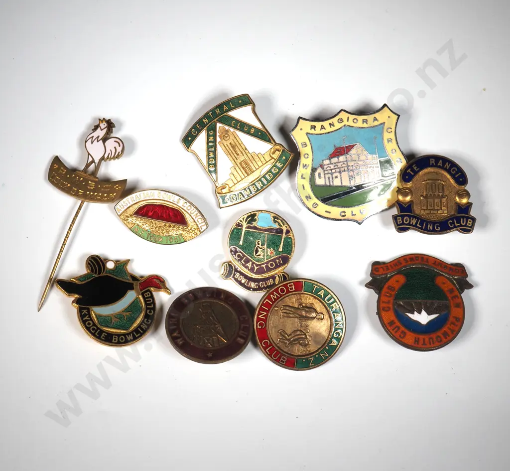 Collection Of Nine NZ Bowling Club Enamelled Badges Image 1++