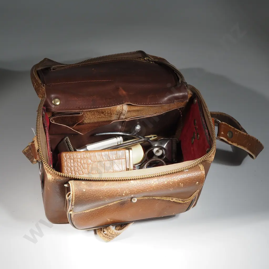 Vintage Leather Bag Containing Cut Throat Razors, Hair Clippers, Scissors, Shaving Brush  Image 1++