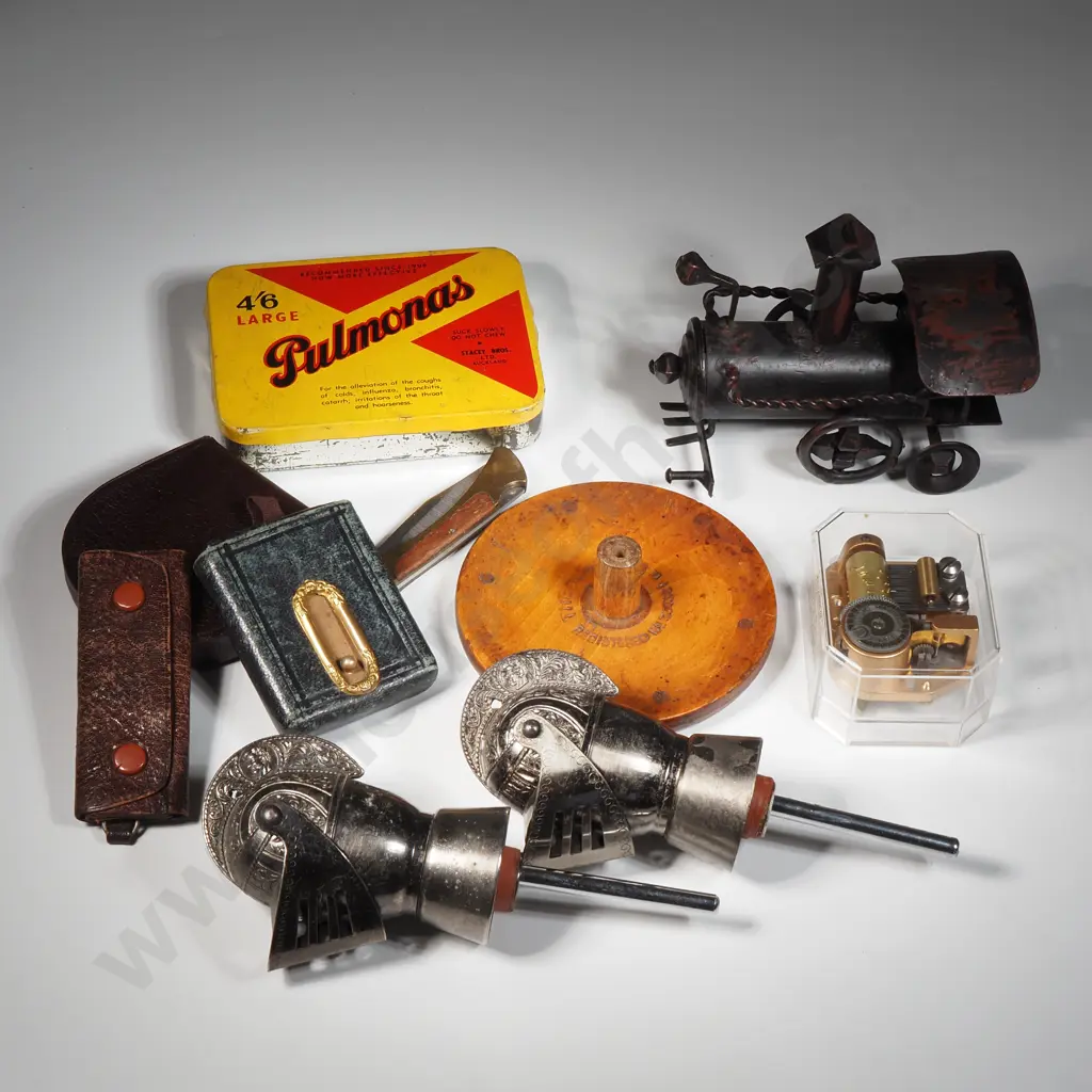 A Wooden Reel, Pocket Knife w Wooden Handle, Modern Reuge Music "Hymne Vaudois, Pair Of  Novelty Bottle Stoppers,  Image 1++