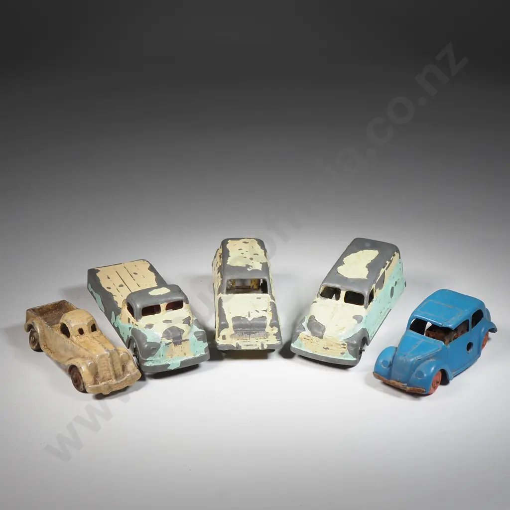 Four Lead Well Worn Toy Vehicles & A Vintage Plastic Wind Up Car  Image 1++