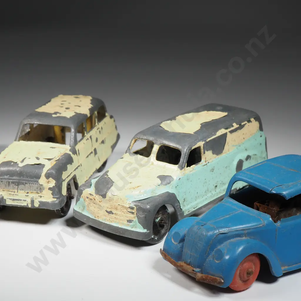 Four Lead Well Worn Toy Vehicles & A Vintage Plastic Wind Up Car  Image 1++