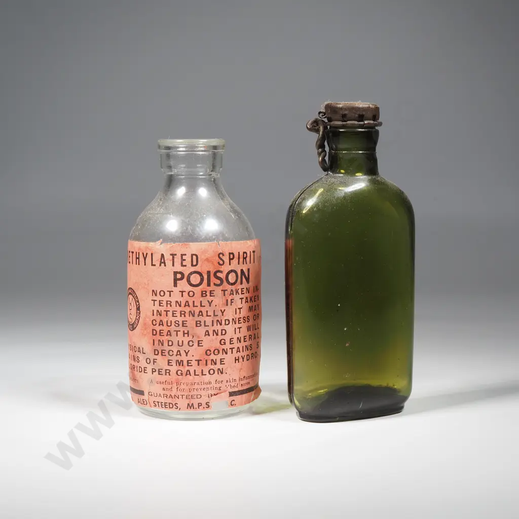 Small Green Spirit Bottle With FlIp Lid & A Methylated Spirit Poison Bottle Image 1++
