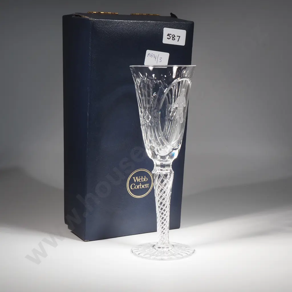 Boxed  Webb & Corbett Stemmed Crystal Champagne Glass w Air Twist Stem Commemorating The  1974 ChCh Commonwealth Games  Image 1++