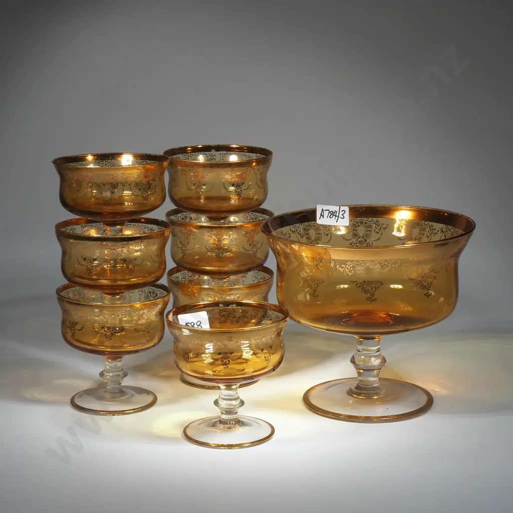 Large Amber & Gilt Mid Century Glass Compote & Seven Matching Dessert Bowls On Stands Image 1++
