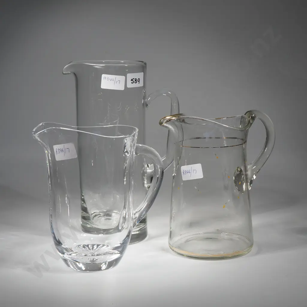 Two Glass Water Jugs & A Vintage Glass Jug w Gilt Enhancements Image 1++