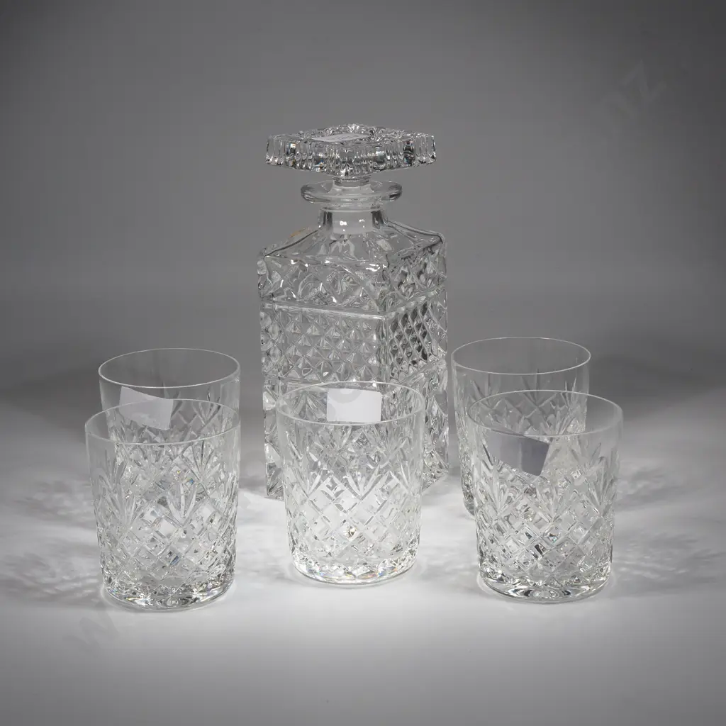 Bohemian Square Crystal Decanter w Five Whisky Tumblers,  Image 1++